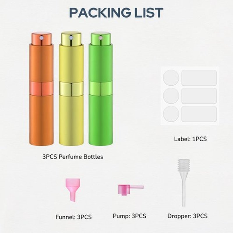 Fusupak 8ml Perfume Atomizer, Travel Cologne Spray Bottle, Refillable Portable Sprayer (Orange, Yellow, Green)