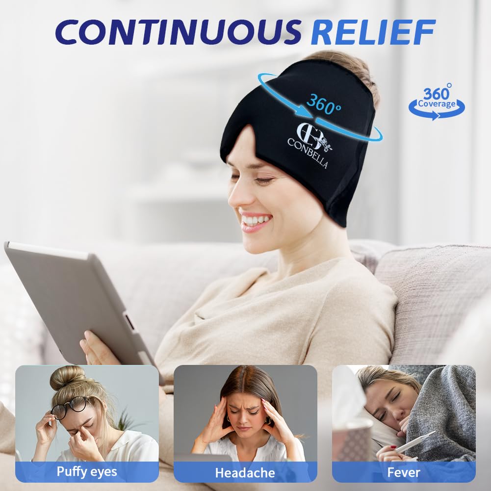Migraine Relief Cap, Soothing Headache Ice Face Mask Products, Hot and Cold Therapy, Migraine Headache Relief Cap for Migraine, Sinus, Puffy Eyes, Tension, Stress and Hangover(Black)