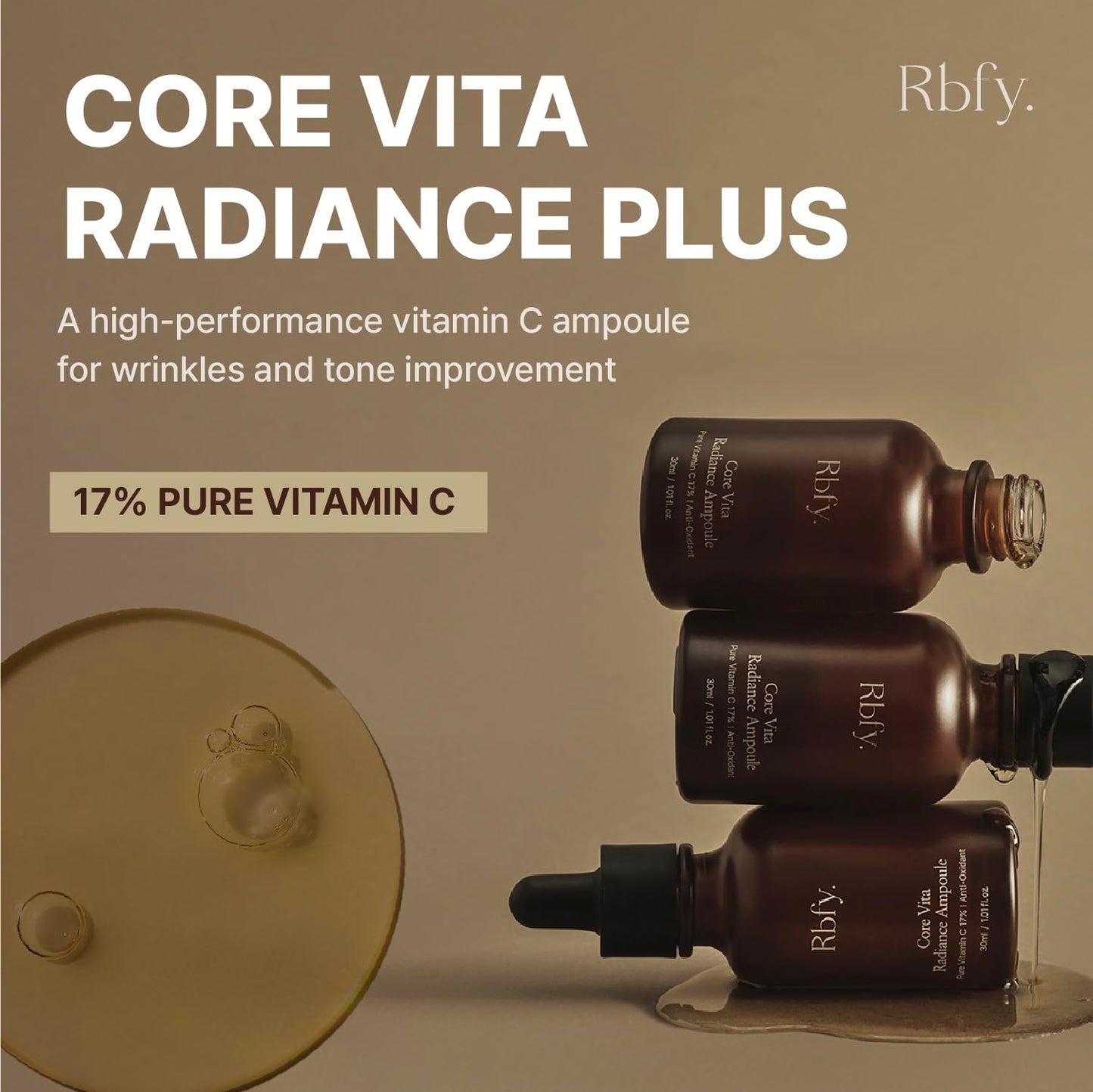 Rbfy. Core Vita Radiance Ampoule - 17% Pure Vitamin C Face Serum for Radiant Skin, Dark Spot Reduction and Wrinkle Care | Anti Aging, Dermatologically Tested, Korean Skincare (1.01 fl oz)