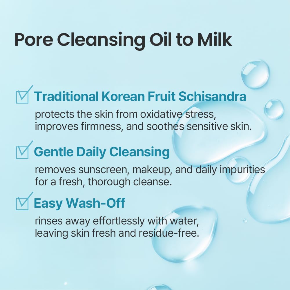 AVEA Pore Cleansing Oil to Milk - Traditional Korean Schisandra Seed Oil | Madecassoside & Asiaticoside | Gentle Hydrating Cleanser for Refining & Smoothing - 3.38 fl oz / 100ml