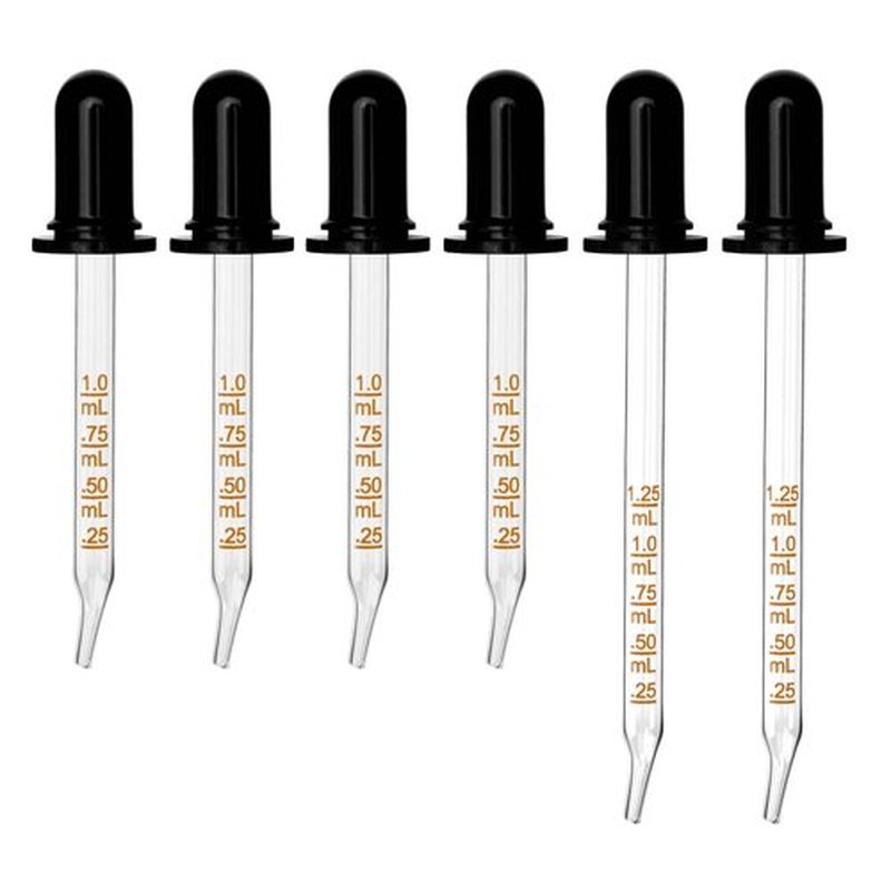 BAKOTAKA Glass Eye Dropper - 6 Pack Bent Tip Calibrated Glass Medicine Droppers, 1mL Liquid Pipettes Droppers with Measurement for Oils, Feeding, Ear, Lab, Candy Mold, Crafts Projects