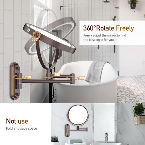 Rocollos Rechargeable Lighted Wall Mounted Makeup Mirror with 3 Color Lights,Dimmable Touch Screen,8 Inch LED Double Sided 1X/10X Magnifying 360°Flexible 13 Inch Retractable
