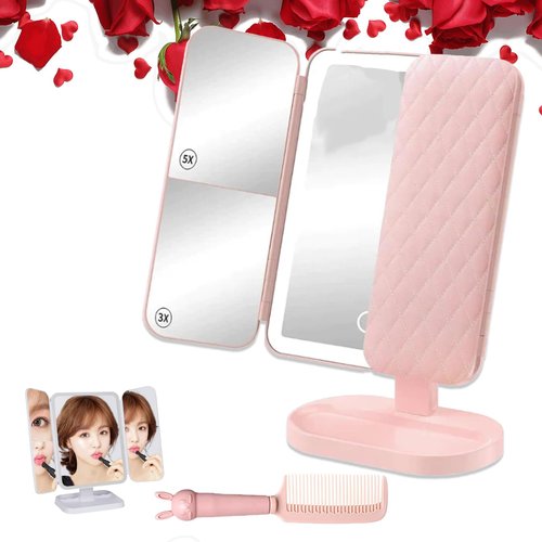 Glisera Smart Mirror, Glisera Smart Mirror Vanity, Glisera Smart Makeup Mirror Travel, LED Trifold Makeup Mirror, Makeup Vanity Mirror with Lights, Makeup Mirror with Lights and Magnification (Pink)