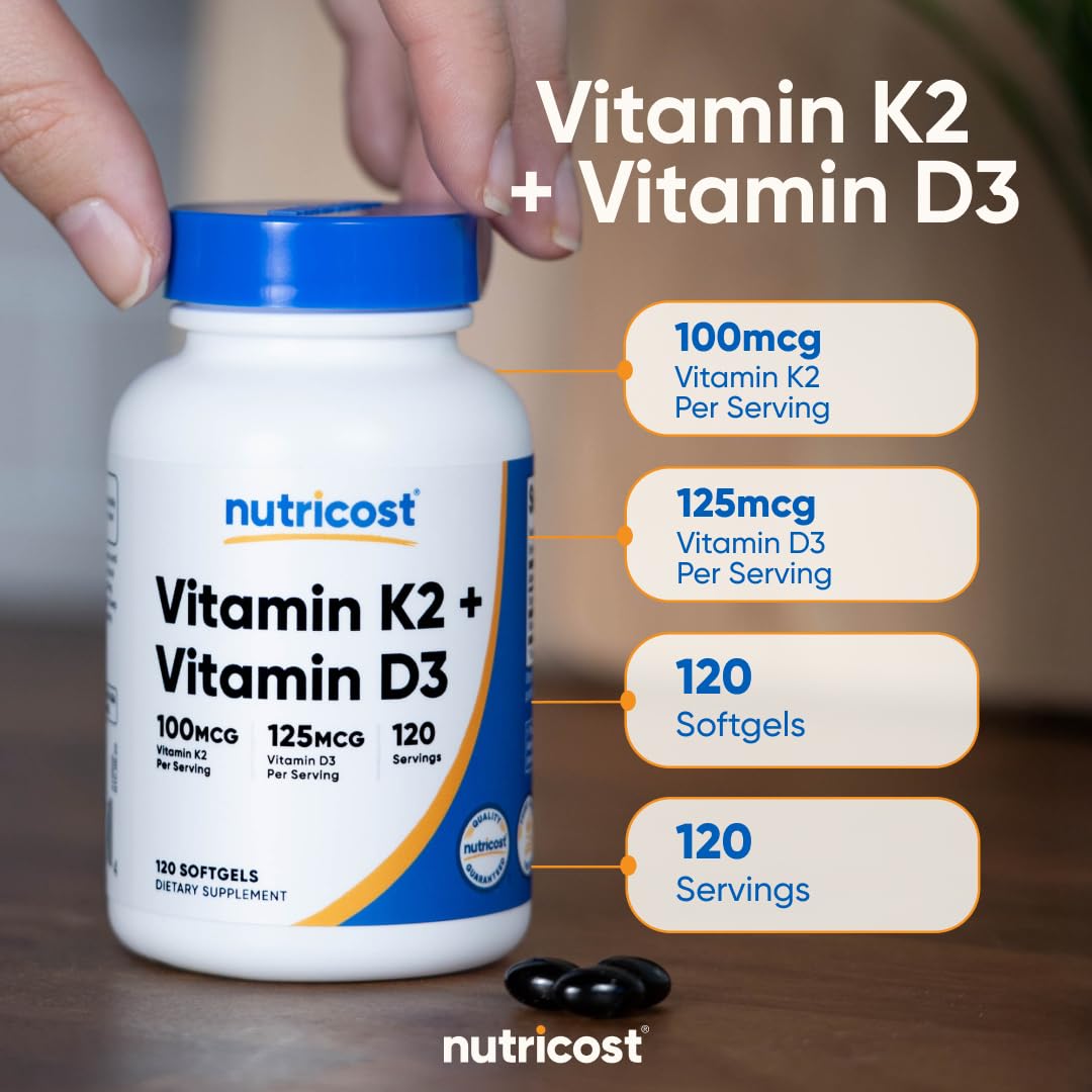Nutricost Vitamin D3 + K2 (5000 IU D3 / 100mcg MK7) 120 Softgels, GMO-Free