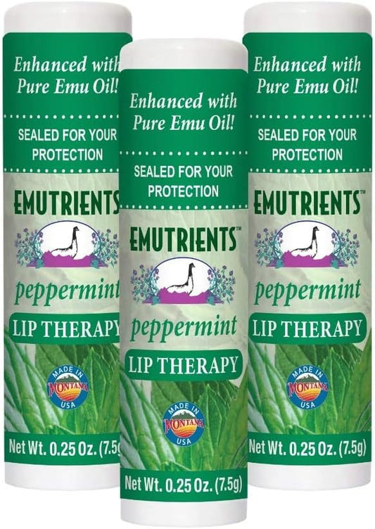 Montana Emu Ranch Lip Therapy Balm - Peppermint Flavor - 3 Pack | 0.25 Oz Each, Enriched with Pure Emu Oil