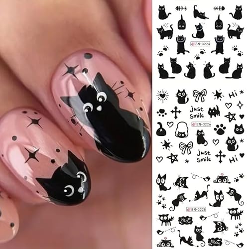Cute Nail Art Stickers Black White Cat Water Transfer Nail Stickers Cat Paw Cute Animals Water Transfer Nail Decals 3D Self Adhesive Nail Art Supplies Heart Designs Nail Decals 12PCS