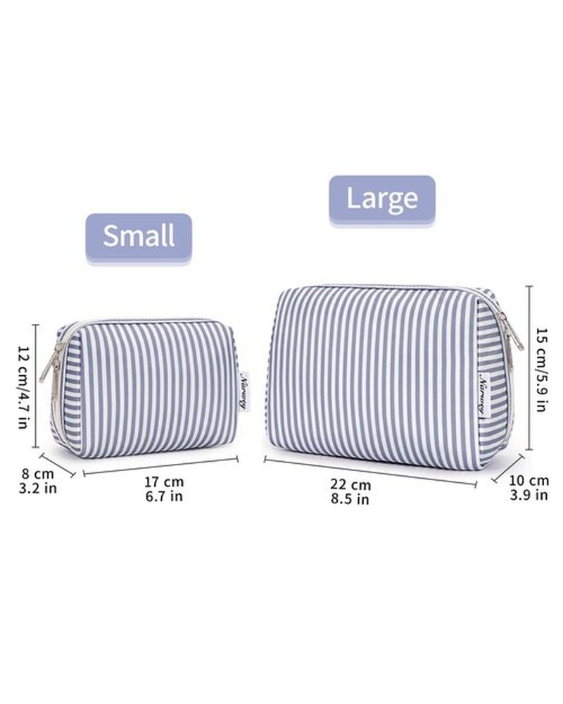 Narwey Cute Stripe Makeup Bag Travel Cosmetic Bag Organizer Toiletry Bag Make Up Bags with Compartments for Women (Large, Greyish Blue Stripe)