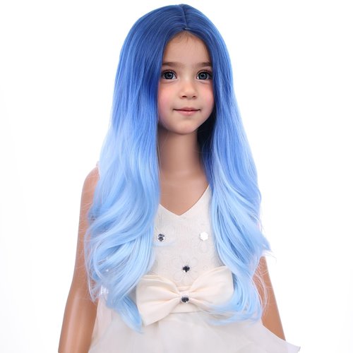 PATTNIUM Kids Long Blue Wig Child Ombre Blue Wig Girls Long Curly Wavy Blue Wig Heat Resistant Synthetic Hair Wigs