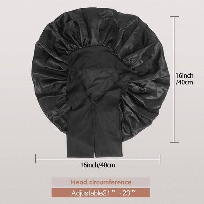 Arqumi 2 Pcs Satin Sleeping Bonnet, Large Satin Sleep Bonnet with Long Strap Tie Band, Adjustable Sleep Night Cap Hair Bonnet for Women & Men, Black+Black