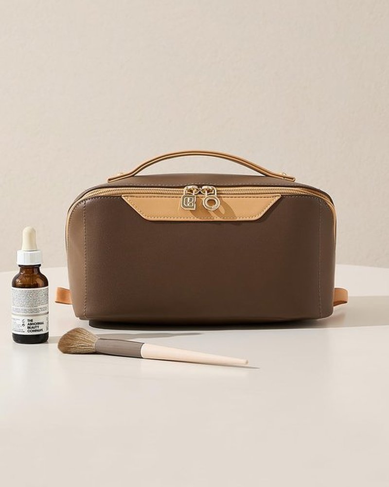 EACHY Travel Makeup Bag,Large Capacity Cosmetic Bags for Women,Waterproof Portable Pouch Open Flat Toiletry Bag Patchwork Makeup Bag (DK-Brown)