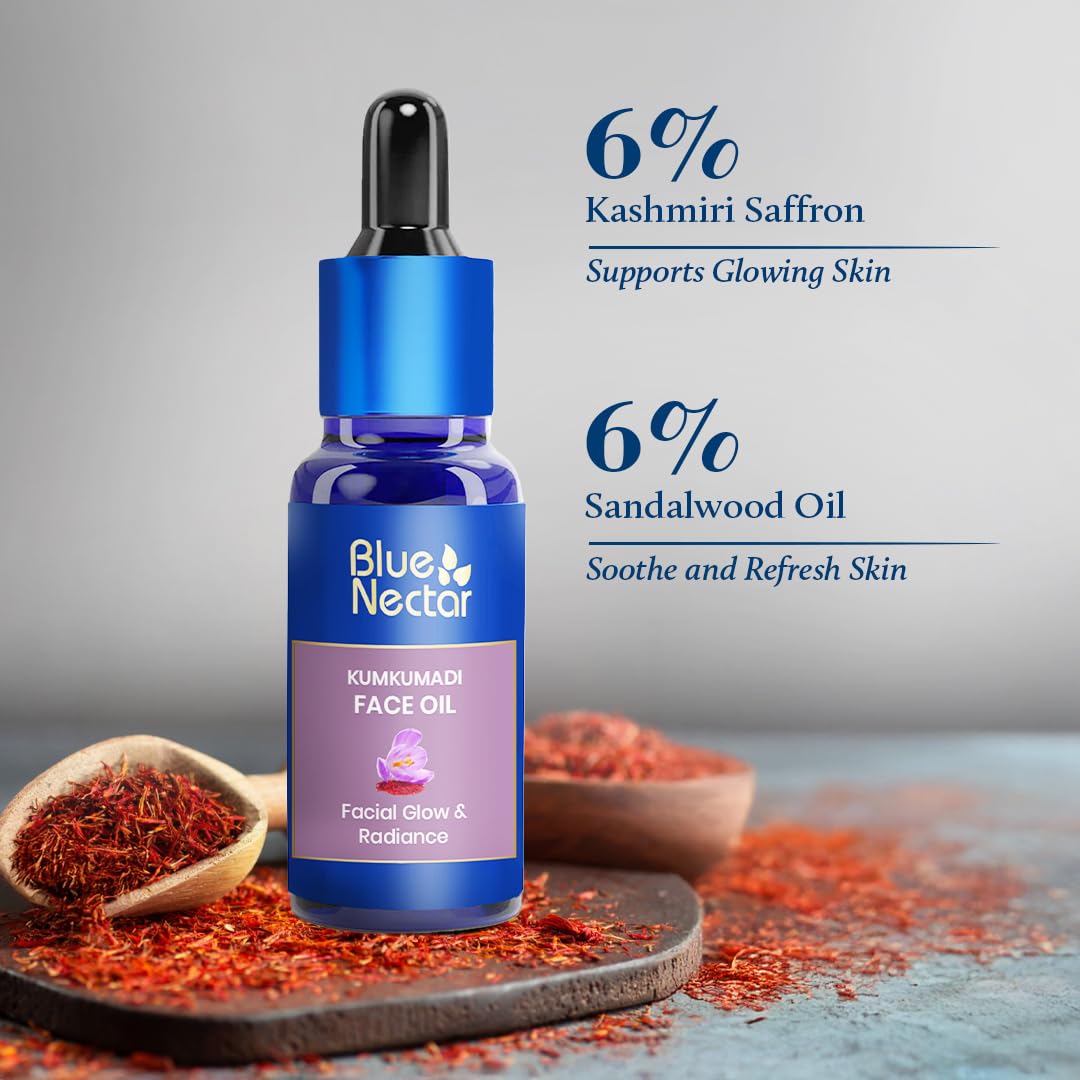 Blue Nectar's Kumkumadi Face Oil, infused with natural herbs for glowing skin (1Fl Oz), & Kumkumadi Moisturizing Body Oil, for dry skin (3.38 Fl Oz).