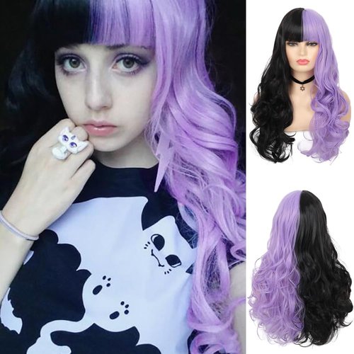 Baruisi Half Black Half Purple Wig Long Curly Wavy Black Purple Synthetic Heat Resistant Costume Cosplay Bangs Wig for Women