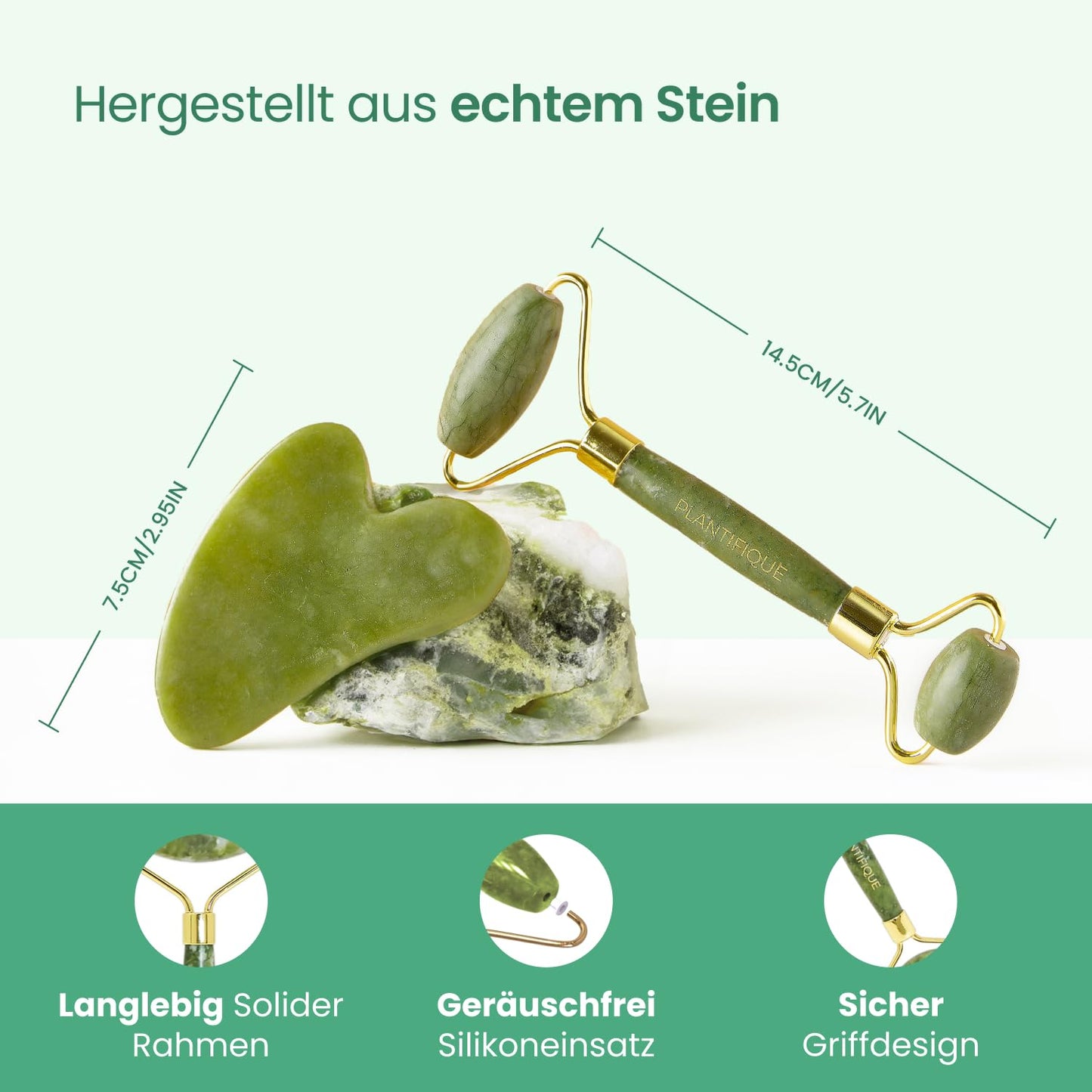 PLANTIFIQUE Jade Roller and Rose Quartz Face Roller with Gua Sha Facial Tools - Includes Real Roller and Gua Sha Set - Certified Face Roller and GuaSha for Your Skincare Routine