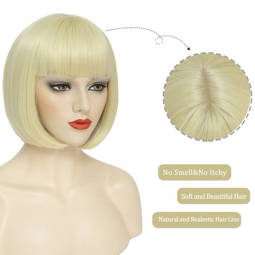 YBYMCAI Blonde Bob Wig For Women Short Blonde 613 Bob Wig With Bangs Straight Bob Bangs Wig 10 Inch Heat Resistant Synthetic Hair Natural Looking For Daily Party Use