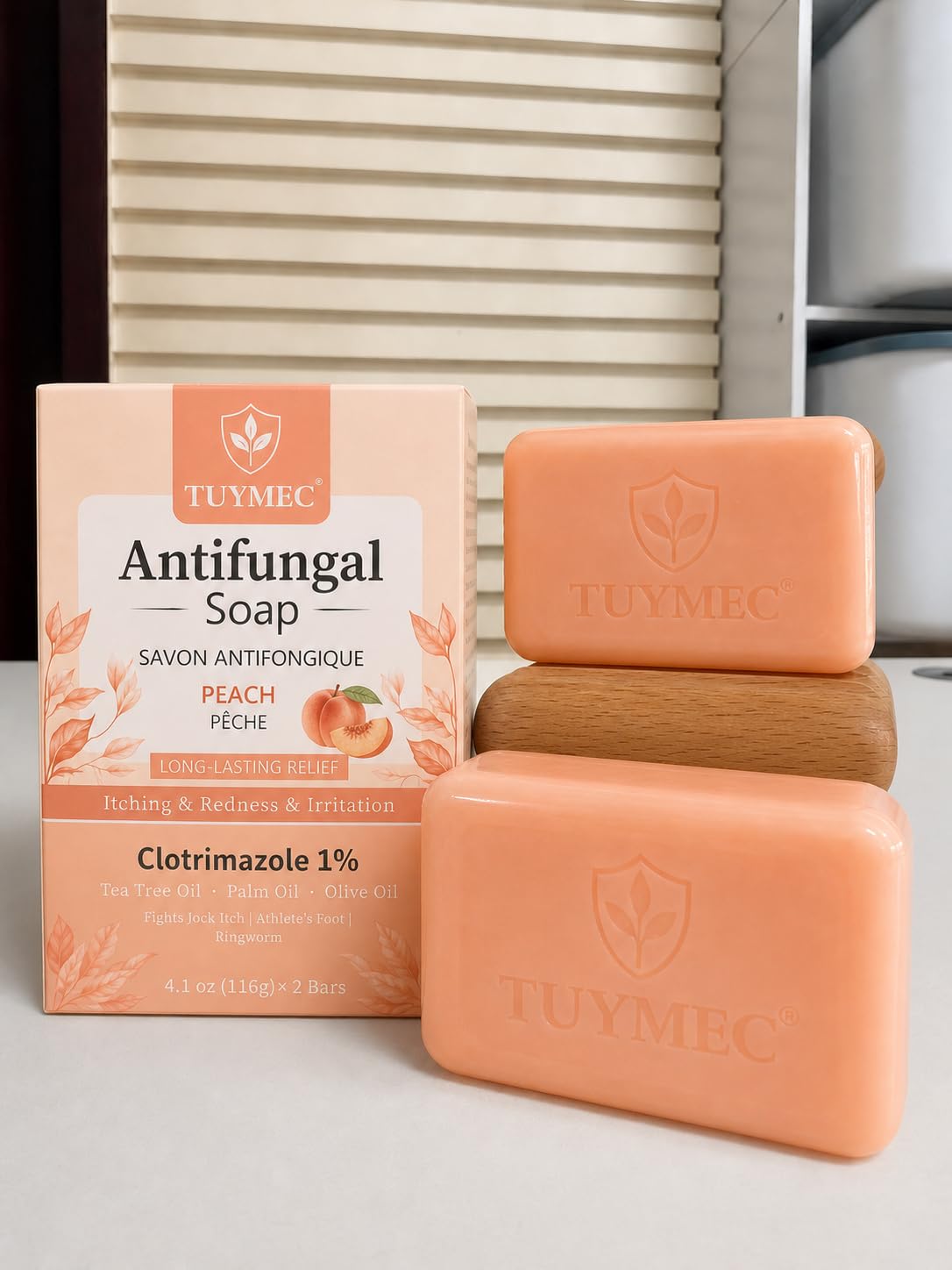 Tuymec Antifungal Bar Soap - Skin Fungus Treatment for Athlete’s Foot, Jock Itch & Ringworm - Medicated Anti Fungal Skin Soap with Clotrimazole 1% (Peach, 2 Bars, 1 Case)