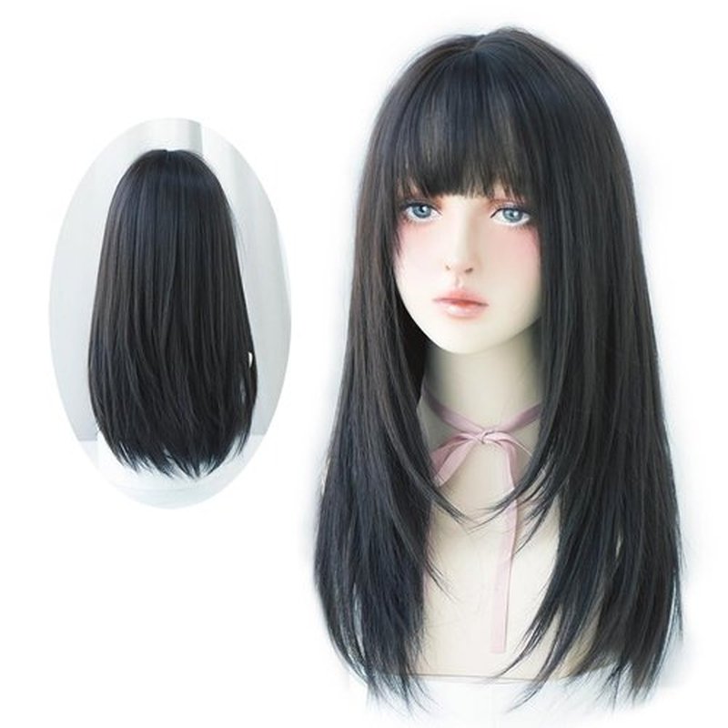 URCGTSA Long Straight Black Hair Wig With Bangs Synthetic Soft Layer Wig For Women Party Cosplay Supply Wig (22inch Dark brown)