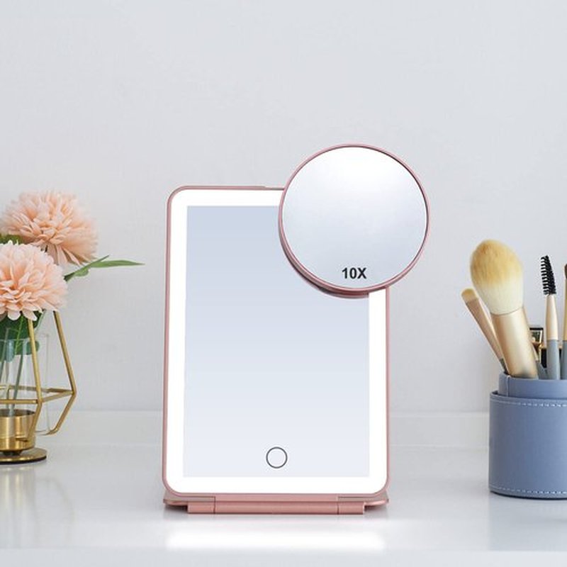 LED Foldable Travel Makeup Mirror - 5x7 inches 3 Colors Light Modes USB Rechargeable Touch Screen, Portable Tabletop Cosmetic for Travel, Cosmetic, Office (Rose Gold)
