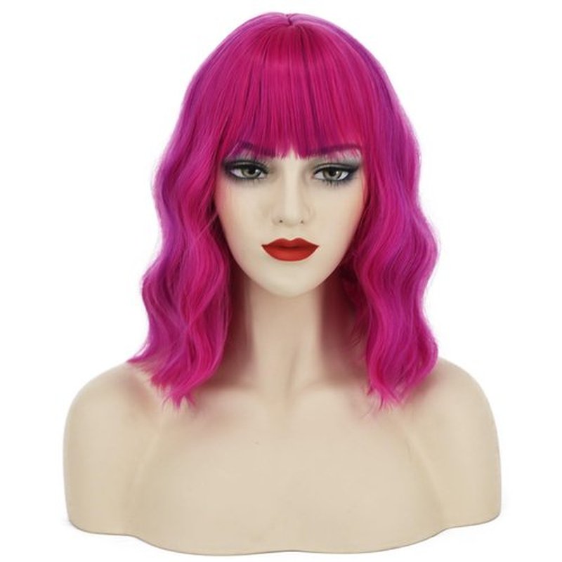 Amyqueen Short Bob Wig for Women Loose Wavy Bob Wig with Bangs for Women Synthetic Short Curly Wave Wigs Heat Resistant Fiber Hair Wigs for Daily(Rose mixed Purple)