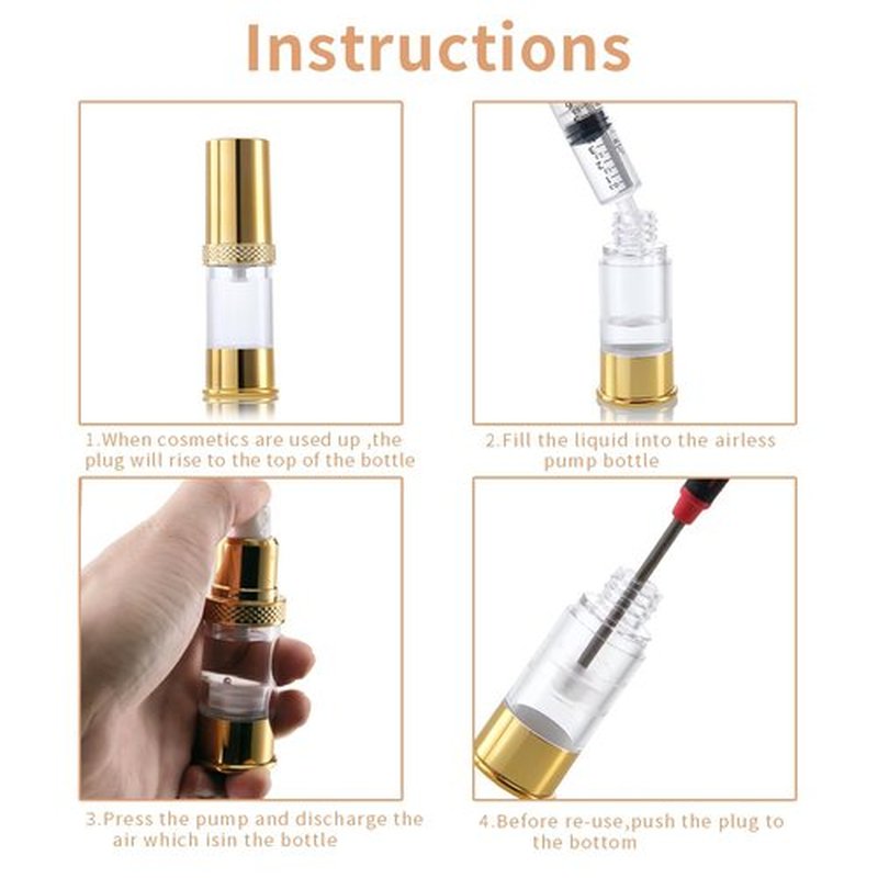 5ml, 10ml, 15g, Golden airless Pump Bottle for Travel, with Travel Bag Set, Empty refillable Cosmetic Pump Bottle, Vacuum Pump Bottle for Toner, Hair Oil, Lotion and Other Liquids (12 Packs)