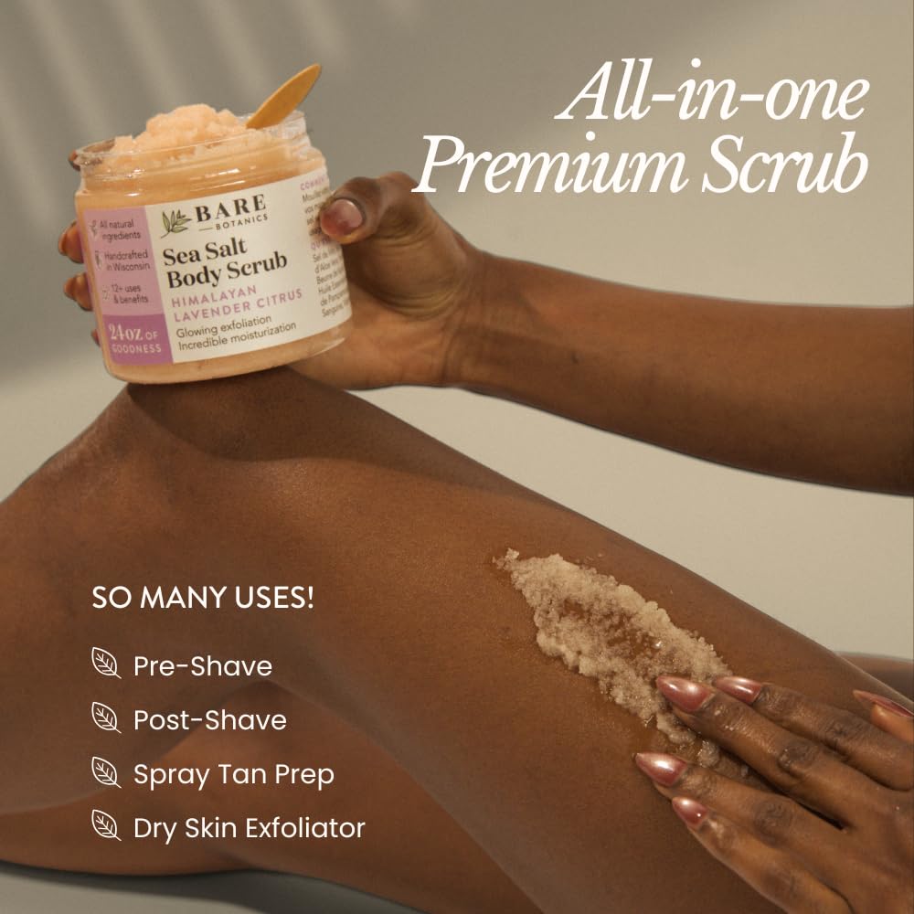 Bare Botanics 24oz Vanilla Hazelnut Coffee Sea Salt Body Scrub | Non-toxic, Vegan & Cruelty-free | Made in Madison, WI | Full Body Exfoliator & Hydrating Moisturizer with a Cute Wooden Spoon