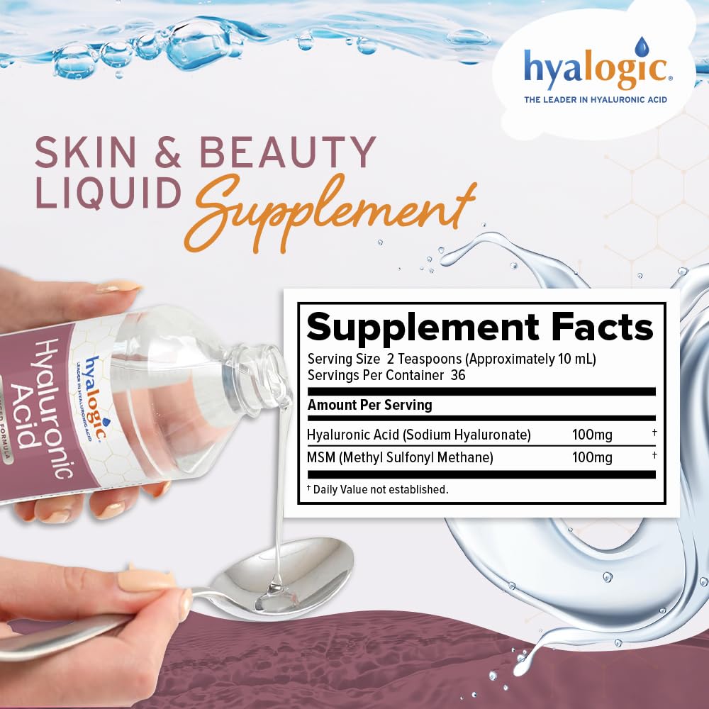 Hyalogic Liquid Hyaluronic Acid Supplement - Ingestible Skin Support with 100mg HA and 100mg MSM - Natural Hydration for the Face, Eyes and Lips - High Molecular Weight Formula - 12 oz