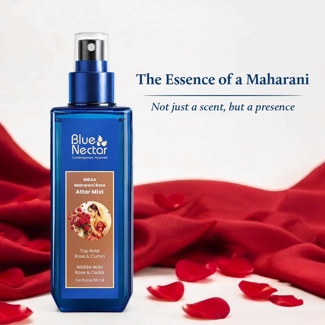 Blue Nectar Maharani Rose Attar Mist with Cumin & Sandalwood | Long-Lasting Perfume Mist for Women | Floral Essence | Travel-Friendly Body Mist Spray (3.38 Fl Oz)