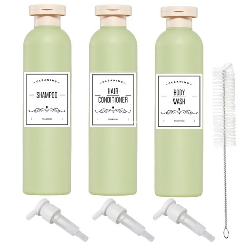 Qeuly Squeeze Bottles with Pump Dispenser and Flip Cap, 8.8 oz Refillable Travel Containers for Toiletries, Plastic Travel Shampoo and Conditioner Bottles (Green 260)