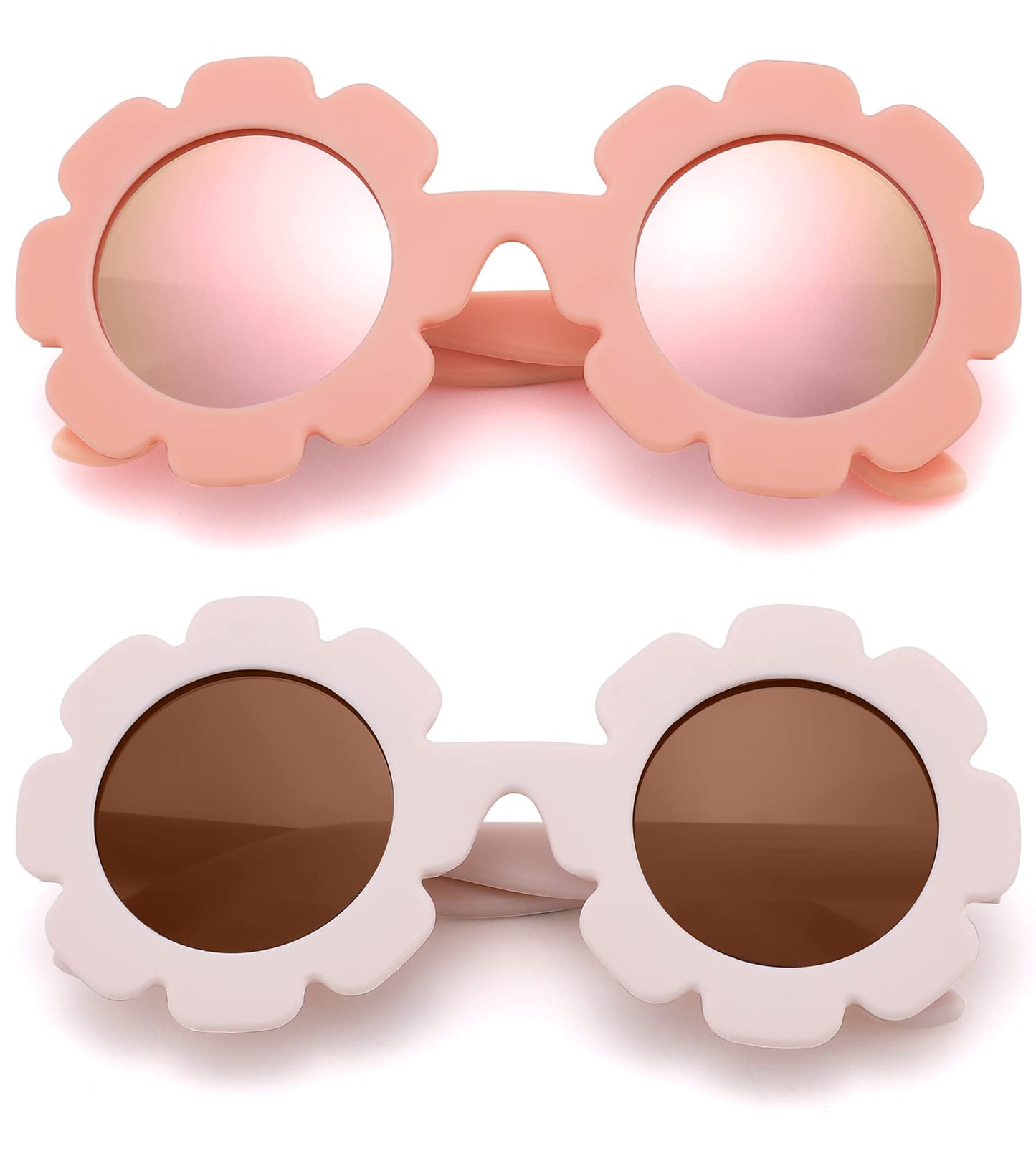 Polarized Baby Sunglasses with Strap – Flexible Flower Shaped Sunglasses for Toddler & Infant Age 0-24 Months (Pink/Pink Mirrored + Beige/Brown) - 2 Pack