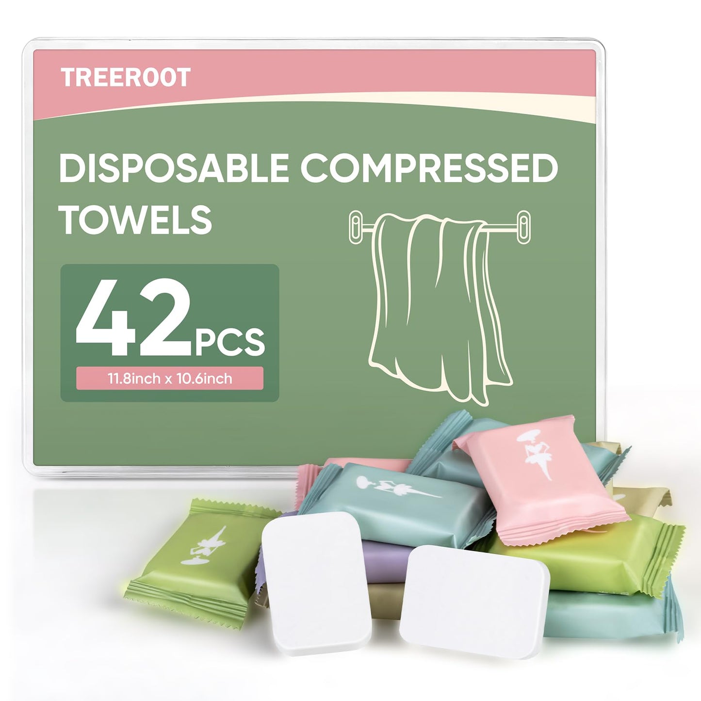 Treeroot 42 Pcs Disposable Compressed Towels, Disposable Washcloths for Adults, Disposable Towels for Travel, Thicker Super Absorbent Wash Cloths for Travel, Essentials for Outdoor Camping, Hiking