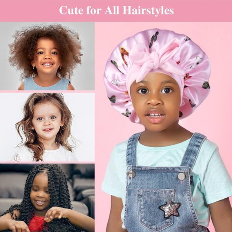 2+2 Satin Bonnets with Scrunchies for Kids, Cute Hair Bonnets for Girls Sleeping Curly Hair, D