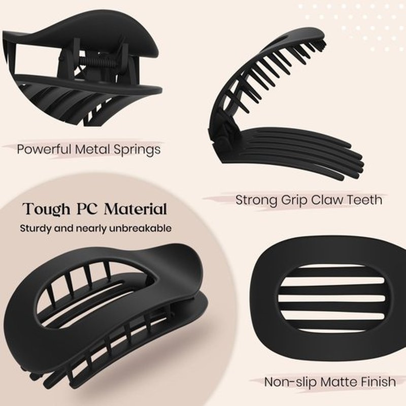 Oeusnael 2 PCS Flat Hair Clips, French Round Lay Down Claw Clips for Women Girls, Matte Non-slip Strong Hold Hair Clips for Thick Thin Curly Hair, Comfortable Curved Flat Hair Clips, Cream & Black