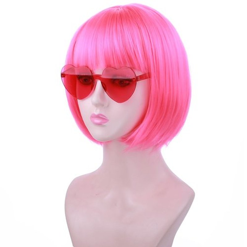 PATTNIUM Short Bob Wig for Women Neon Pink Bob Wig Hot Pink Bob Wig Short Straight Bob Wig with Bangs Sythetic Wig with Wig Cap