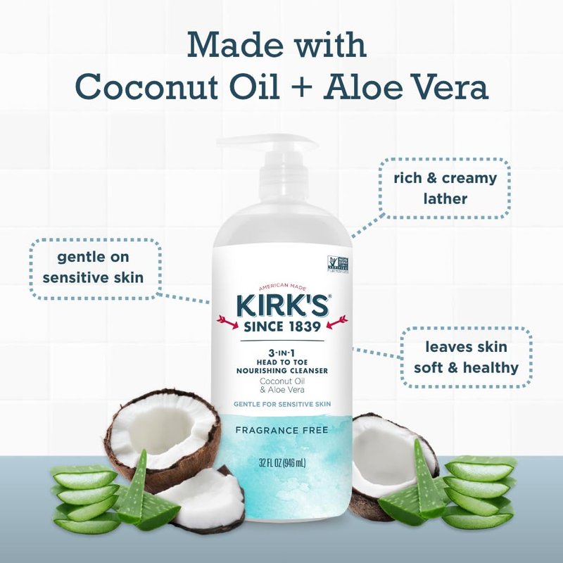 Kirk's 3-in-1 Nourishing Cleanser | Fragrance-Free Shampoo, Body Wash & Bubble Bath with Coconut Oil & Aloe Vera - 32 Fl Oz (Pack of 2)