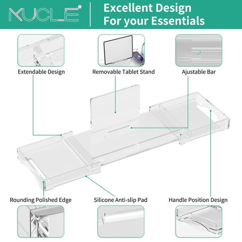 Kucle Expandable Acrylic Bathtub Tray - 18-32 Inches Bath Caddy Tray for Bathtub, Luxury Bath Tub Tray Table for Home Spa, Bath Tray for Tub, Bathroom Tub Accessory Birthday Gift for Her (Clear)