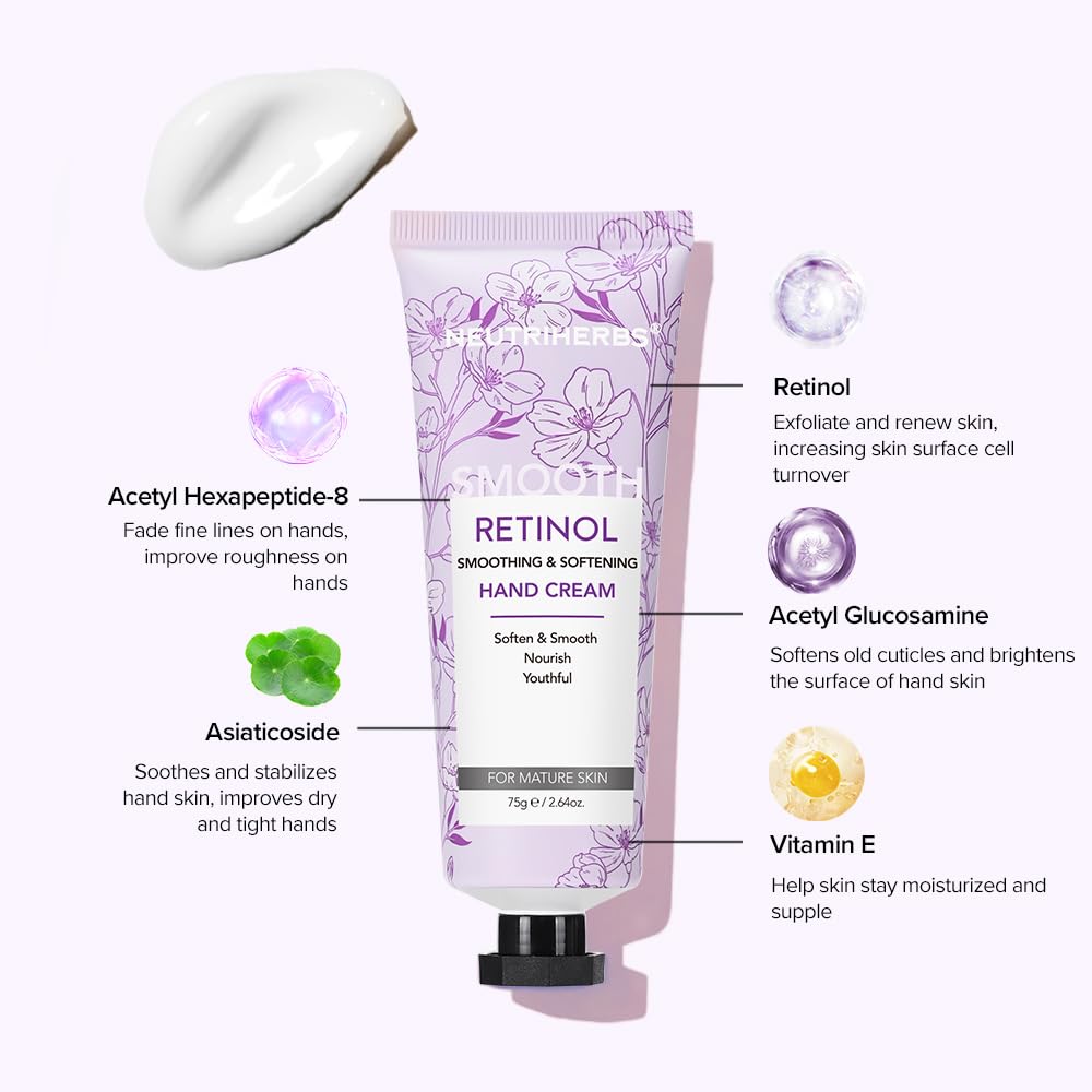 Neutriherbs Retinol Hand Cream, Lightweight Anti-Aging Hand Moisturizer for Hand Wrinkles. Soften Smooth Nourish Hand, Protect Skin, Nails, Cuticles with Green Bamboo Scent - 2.64oz