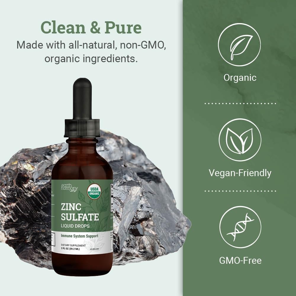 Organic Liquid Zinc Sulfate - Pure Zinc Supplements for Skin Health, Immune System Function and Normal Cell Growth in Adult Men & Women - Non-GMO, Vegan 7.5mg - 2 Fl Oz
