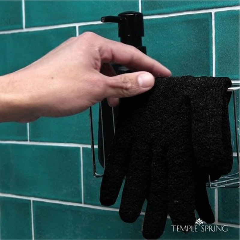 Temple Spring Exfoliating Gloves - Rayon Bamboo Bath/Shower Gloves, Bath Gloves for Shower Exfoliating and Ingrown Hair/Dead Skin Remover - Exfoliator Mitt Scrub Gloves - XL BLACK
