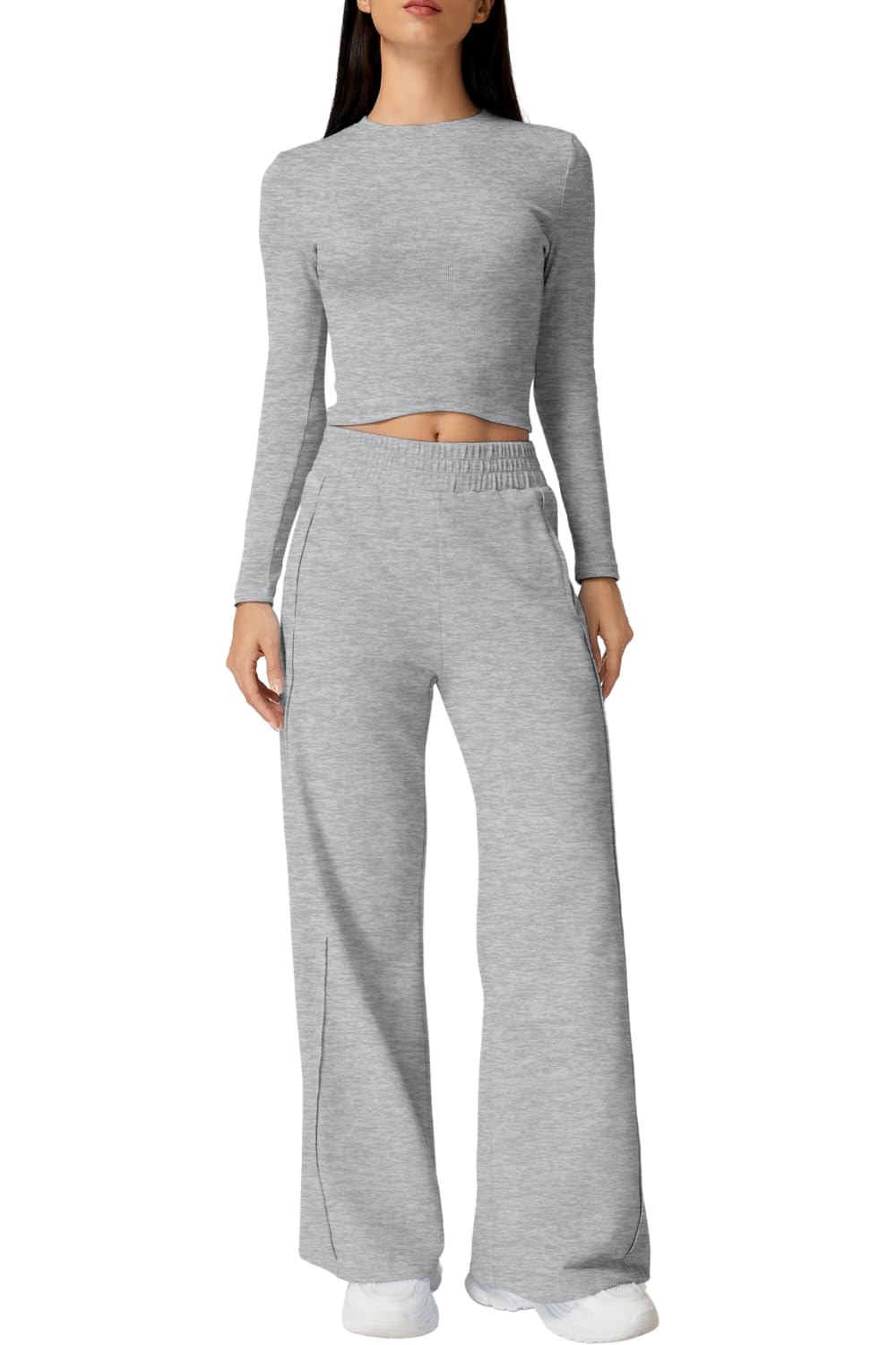 QINSEN 2 Piece Lounge Sets for Women Crewneck Long Sleeve Tops Wide Leg Pants Fall OutfitsGrey L