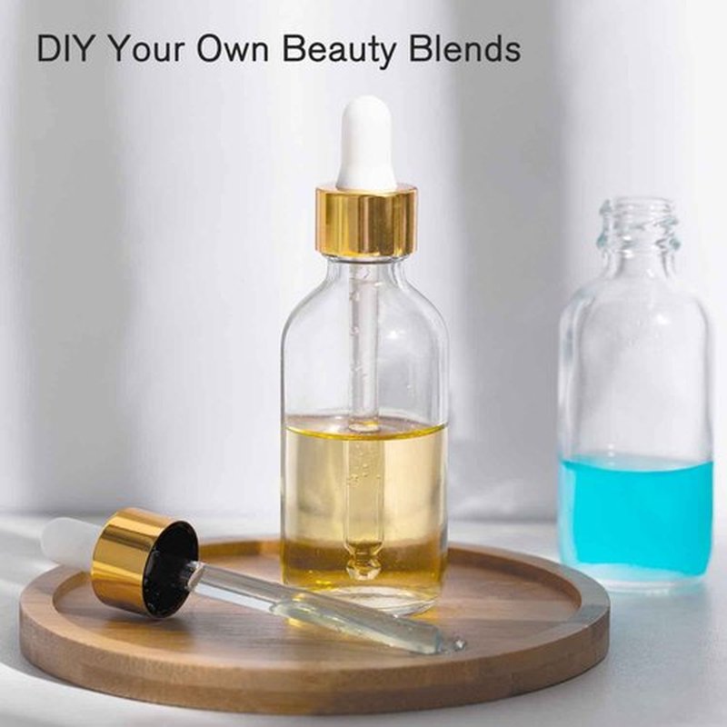 24 Pack 2 Oz Glass Eye Dropper Bottles Clear, 60 ml Empty Tincture Dropper Bottle with droppers, 1 Extra Cap, 2 Plastic Funnels, 2 Pipettes & 48 stickers for DIY Essential Oils, Body Oil, Beauty Oil