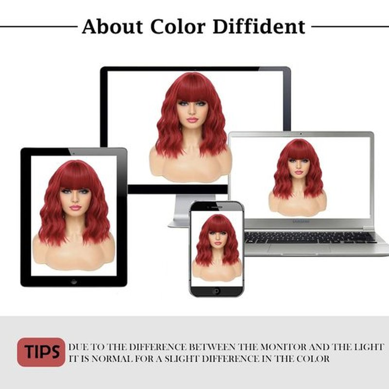 MeaYOO Red Bob Wig with Bangs for Women, Short Red Bob Wavy Wigs Shoulder Length Curly Synthetic Wig for Girls Natural Looking Heat Resistant 14 Inch Wig for Daily Party Use Colourful Cosplay Wigs