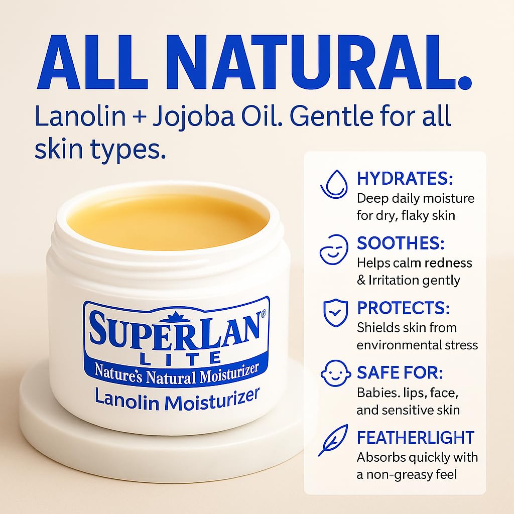 superlan Moisturizer Lanolin Cream 4 oz with Jojoba Oil for Hot, Dry & Cold Weather - Lightweight Creamy Formula with Medical-Grade Lanolin & Jojoba Oil - Moisturizer for Hands, Feet, Body, and More