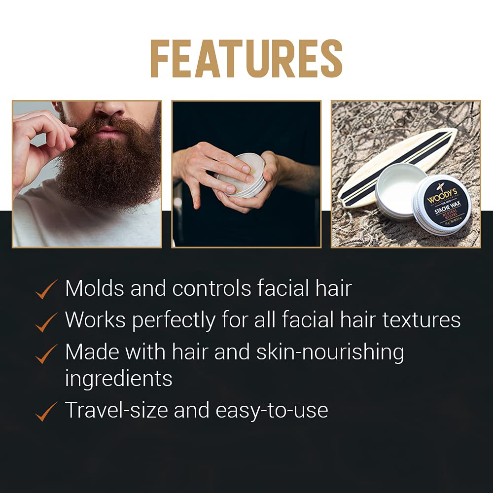 Woody's Mustache Wax - Strong Hold Stache Beard Styling Wax for Men, Tames Unruly Facial Hair, Neutral Finish, Non-Greasy, Long-Lasting Control, 0.5 oz