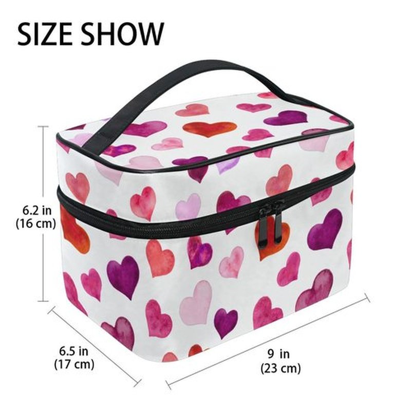Valentine's Day Cosmetic Bag Hearts Valentine's Day Travel Makeup Organizer Bag Portable Train Case for Women Girls