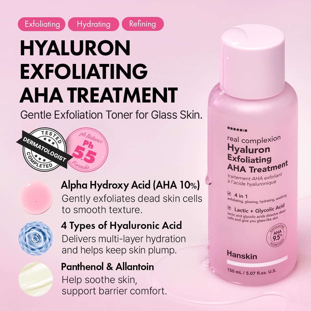 Hanskin Hyaluron Exfoliating AHA Treatment – Korean Exfoliating Toner with Glycolic & Lactic Acid for Smooth, Hydrated, Glass Skin | pH-Balanced Daily Skin Booster for Dull, Dry Skin, 5.07 fl oz