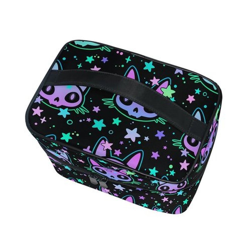 Cosmetic Bag Cat Skull with Stars Travel Makeup Organizer Bag Portable Train Case for Women Girls