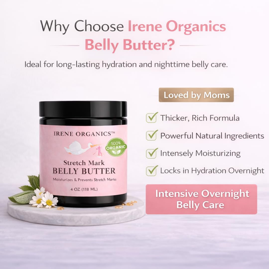 Irene Organics Organic Belly Butter for Pregnancy Stretch Mark Prevention and Treatment Award Winning Anti Stretch Mark Tummy Balm For Pregnancy and Postpartum - Hydrating Bump Cream