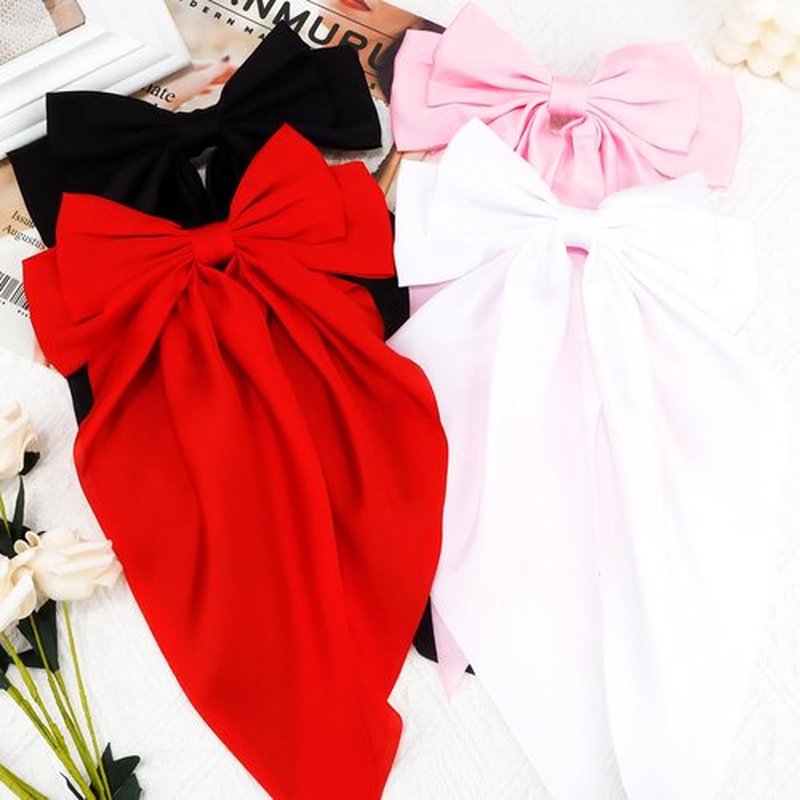Atoden Hair Bows Silky Satin Bows for Hair Ribbons 4Pcs Coquette Oversized Long Tail Hair Bow Clips Barrettes Big Bowknot Hair Accessories for Women Girl Trendy Stuff Gifts (White Pink Red Black)