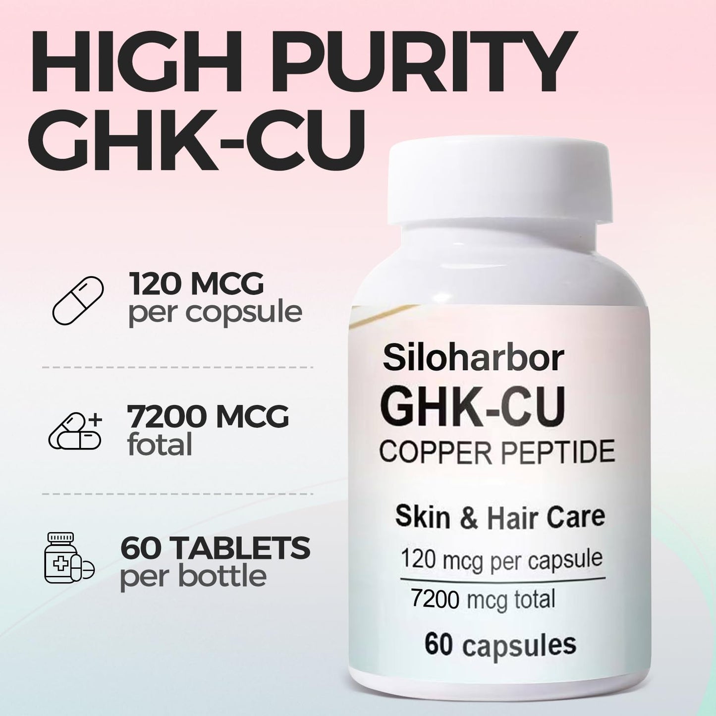 Siloharbor GHK-Cu Copper Peptide Supplement, 120mcg High-Purity Supplement for Skin & Hair, Enteric-Coated for Maximum Absorption, Vegan & Gluten-Free (60 Count)
