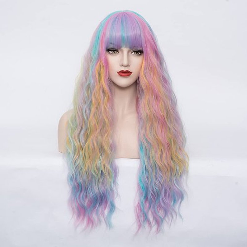 WGPFWIG Women's Multi Color Rainbow Wig 27''Long Curly Wavy Wig Shoulder Length Flat Bangs Wig For Women Girl Cosplay Party Halloween Wig Cap Included (27''Multi Color Rainbow)