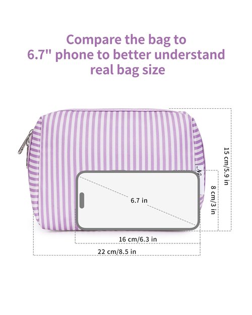 Narwey Striped Makeup Bag Travel Cosmetic Bag Organizer Toiletry Bag Make Up Bags with Compartments for Women (Large, Purple Stripe)